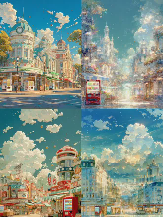 3d动漫风格彩色城市，粉彩建筑与咖啡店街道，蓝绿色天空下未来设计元素，便利店饮料贩卖机，柔焦晴天云朵，小飞行球，鲜艳色彩，阳光穿透云层，超真实渲染，高细节建筑摄影风格，广角镜头，自然光，温暖色调，活力感。