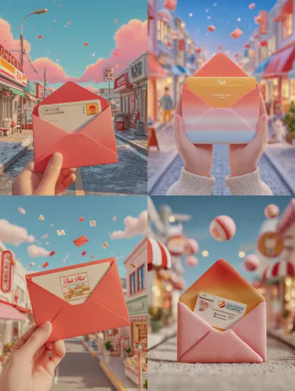 q版柔软3d卡通风格特写，两只圆形手指轻握金色镶边打开的渐变红橙色光滑红包，内露金色卡片“数币红包 20元”，中心对称构图，梦幻渐变背景街景有便利店咖啡店奶茶店，红粉色过渡浅天蓝色天空漂浮闪烁红包与柔和发光光粒子，温暖节日气氛，喜悦期待，卡通渲染，特写镜头，微距视角，柔和漫射光，干净庆祝，温暖色调。