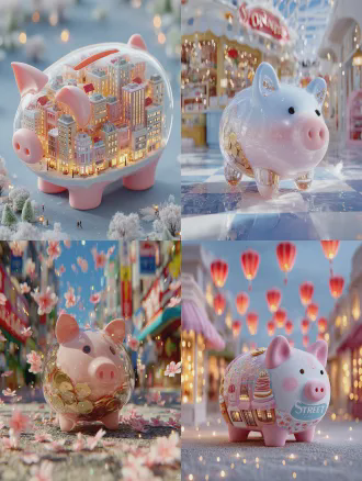 q版3d卡通风格巨大半透明磨砂玻璃质感小猪存钱罐装满金币圆润可爱金币掉落梦幻渐变街景背景步行街便利店咖啡店奶茶店红粉色到浅天蓝色色调空中漂浮隐约闪烁红包光粒子柔和发光温暖节日气氛广角镜头对称构图中心布局唤起喜悦期待感柔光景深高细节3d渲染节日色彩干净构图庆祝主题