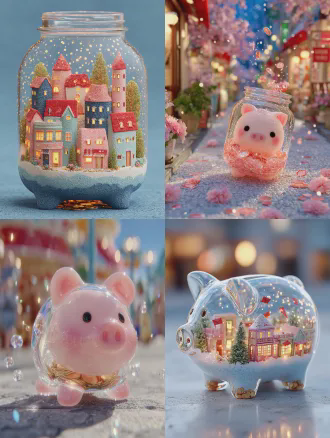 q版3d卡通风格，巨大半透明磨砂玻璃质感小猪存钱罐装满金币，圆润可爱，金币掉落，背景梦幻渐变街景有便利店咖啡店奶茶店，色调红粉过渡浅天蓝，空中漂浮闪烁红包，光粒子柔和发光，微距镜头，对称构图中心布局，柔光，景深，高细节3d渲染，节日色彩，干净构图，庆祝主题，唤起喜悦期待感