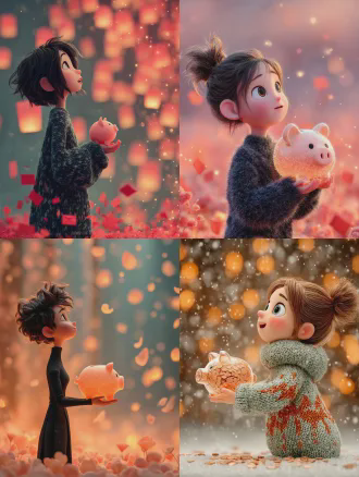 3d卡通渲染，年轻亚洲女性侧脸，微笑仰望天空，双手捧半透明磨砂玻璃质感小猪存钱罐，圆润可爱，装满金币，背景金币花瓣飘落，空中闪烁红包与光粒子，柔和发光效果柔光，浅景深，高细节，温暖节日色彩，干净构图，喜悦期待情绪，庆祝主题