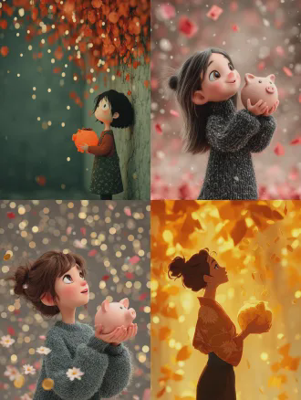 3d卡通渲染年轻亚洲女性侧脸，双手捧半透明磨砂玻璃质感圆润小猪存钱罐，罐中装满金币，开心仰望天空，背景金币花瓣飘落，空中闪烁红包与光粒子，柔和发光，浅景深，高细节，温暖节日色调，干净构图，喜悦期待情绪，庆祝主题，柔光，特写镜头，粒子特效，卡通渲染风格。