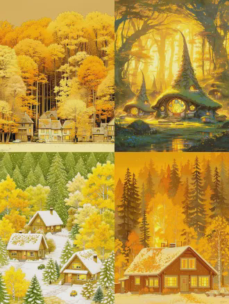 moebius(jean giraud)风格，极繁主义，极致表现力，浪漫感，细节完美，大师杰作。森林秘境，神秘秋天，画面干净，色彩丰富。画面中心是(一片茂密的森林场景，森林里有大量高大、呈塔形且叶片金黄的树木。在森林之中，错落分布着多座小木屋，部分房屋的屋顶覆盖着自然生长的苔藓，房屋的窗户透出暖黄色的灯光，马路上有可爱卡通的车辆)，整体画面运用明亮鲜艳的黄色为主色调，营造出一种奇幻、可爱且温馨的森林童话氛围，仿佛带领观众进入一个充满惊喜的童话世界
