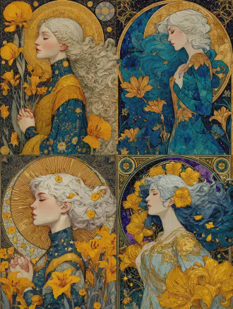 以 阿尔丰斯·穆夏 新艺术风格为核心，融合水彩晕染与金色装饰质感，创作一幅装饰艺术插画。特写画面。白发女神，闭眼，下巴微抬，双手在胸前合十。长发如波浪般肆意卷曲、飘逸散开，整体姿态充满了流动感与艺术张力，发丝间点缀花卉；姿态柔美且富有韵律。以巨大、大量盛开的金色桂冠和蓝色勿忘我，金色百合为主要花卉元素，以及少量的金色星星和宇宙元素。自然灵动地环绕人物分布，花瓣层次丰富，搭配金色花茎与叶片。加入带有穆夏风格的几何图案装饰性边框，背景融入黑金色纹理与复古花纹，整体色调以紫、蓝，金，黑为主，呈现出华丽且富有艺术张力的视觉效果