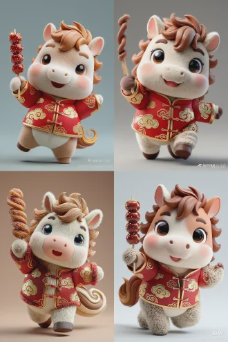 一个可爱的中国新年吉祥物ip，一个胖乎乎的小马在动态，快乐的姿势，手里那拿着冰糖葫芦和红包。它有一双闪闪发光的大眼睛和友好的微笑。它穿着一件带有金色云纹图案的传统中国红色夹克，它的鬃毛和尾巴被风格化为旋转的好运云。3d卡通风格，柔和的灯光，干净的背景，非常适合贴纸和商品。