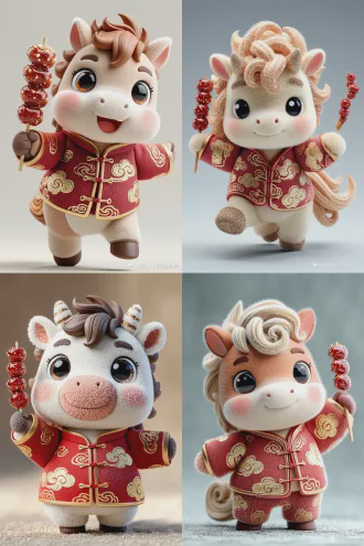 一个可爱的中国新年吉祥物ip，一个胖乎乎的小马在动态，3/4侧面，快乐的姿势，手里那拿着冰糖葫芦和红包。它有一双闪闪发光的大眼睛和友好的微笑。它穿着一件带有金色云纹图案的传统中国红色夹克，它的鬃毛和尾巴被风格化为旋转的好运云。3d卡通风格，柔和的灯光，干净的背景，非常适合贴纸和商品。