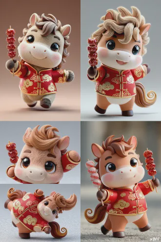 3d卡通风格，胖乎乎小马吉祥物动态3/4侧面，快乐姿势，手持冰糖葫芦和红包，闪亮大眼，友好微笑，身着传统红色中国夹克带金色云纹，鬃毛尾巴风格化为旋转好运云，柔和灯光，干净背景，适合贴纸商品，高细节，可爱，喜庆色彩，温暖情感。