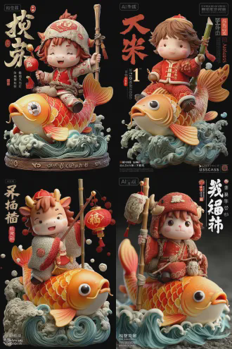 可爱的中国卡通小马，调皮笑容，穿红色新年服饰，坐在驾祥云的大锦鲤上，手持挂福字红灯笼竿子，2.5d风格，黑色背景，等距视角，柔和扩散光，明亮色彩，喜庆吉祥，卡通渲染，景深效果，动态曲线。