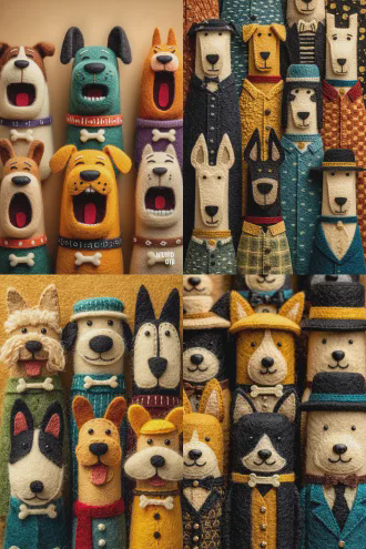 羊毛毡作品，三行四列整齐排列的狗头像。这些狗有不同的皮毛颜色和表情，有些脖子上围着骨头的围脖，有些嘴里叼着骨头，有些在打哈欠，有些还戴着帽子等饰品。米色背景，可爱而温暖，表情极其可爱，属于治愈风格