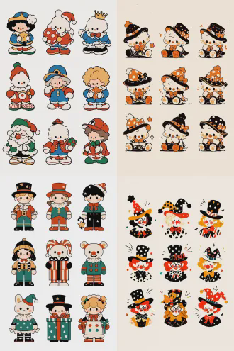 illustration,nine cute clown icons, korean style, bold line drawings, cartoon characters, white background, simple lines, flat illustrations, simple colors, children's book illustration style, vector graphic style, high resolution.