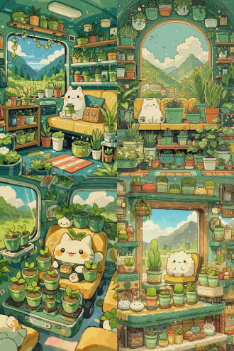 一幅卡通插画，画中是一个白色、胖乎乎且可爱的生物坐在一辆绿色复古火车车厢内的黄色座椅上，车厢内摆放着多个绿色陶制花盆，里面种着绿色的植物，窗外是郁郁葱葱的山谷和湛蓝的天空中飘着轻柔的云朵，色彩温馨而充满活力，线条艺术细致入微且富有幻想色彩，车厢内部带有小物件，背景细节丰富。