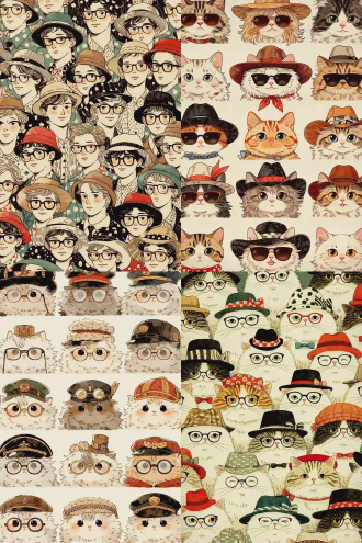 白色背景，不同猫咪，酷帅可爱，复古感，平面，每个猫咪头上带着相应的饰品或者帽子。连续图，复古水彩风格，近景，精细绘