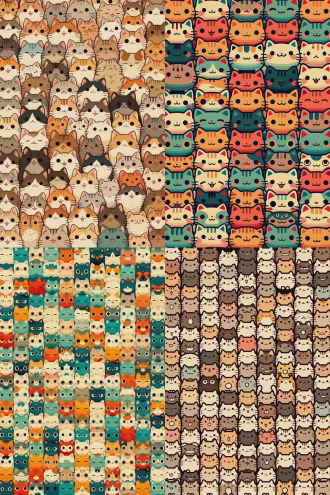 一張塗鴉作品，密密麻麻重疊，不同種類小猫塗鴉，色彩鮮明和諧，用mr doodle風格，畫面全部布滿，沒有留白空隙，大師級作品，大師艺术風格，大胆前卫的大師级作品，抽象概念