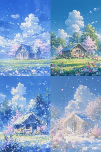 以充满治愈感的宫崎骏动画风格呈现，小屋坐落在繁花与粉樱簇拥的地方，构成了梦幻般的童话场景。上方的蓝天犹如透明的水晶，洁白的云朵像蓬松的棉花糖缓缓飘过。柔和的阳光倾洒而下，让鲜艳却不张扬的花草色彩更加生动，营造出纯真美好的氛围，仿佛置身于宫崎骏笔下的梦幻世界，8k高清画面中，每一处细节，如花朵的姿态、樱花的轻盈、云朵的绵软都细腻可辨。