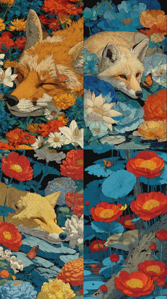 moebius (jean giraud)风格，极繁主义，神秘感，不对称构图，细节完美，杰作。虞美人花，菊花，百合花花，小雌菊，五颜六色 色彩鲜艳斑斓，一只狐狸仰面躺在花丛中睡觉 鼻尖停着一只小蝴蝶，超大景深超大广角。色彩明亮，