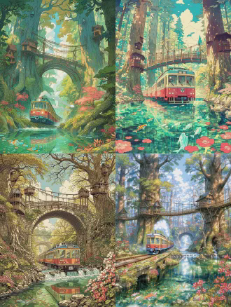 宫崎骏吉卜力风格复古治愈漫画，横版中景平视构图，森林秘境中红黄蓝色复古电车行驶于碧绿河流石桥，清澈河底游鱼，巨树树干木质树屋连接悬空桥，粉色花叶环绕，背景秋意森林与蓝天白云，柔和光影高饱和色彩精细细节，奇幻童话自然生机，广角镜头，逆光，画面平衡叙事感，温暖明亮通透。