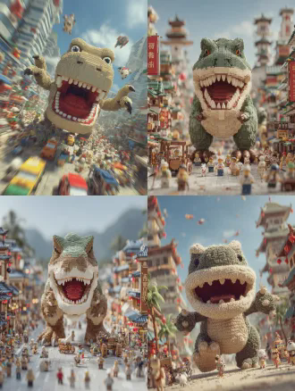 卡通风格，q版，奇幻灾难，低角度仰拍视角，中心构图，巨型乐高霸王龙反派摧毁唐朝古都城市，其巨大棕色爪子向镜头踩来，凶猛暴力的模样，背景是乐高材质的城楼与马车组成的真实古代都市环境，车水马龙的古代街道人群惊恐，人们四处逃跑，鸡飞蛋打，猫狗乱跑，水果乱飞，场面极其混乱和搞笑，光线明亮模拟晴天光影，乐高表面呈现超写实质感与硬质塑料反射效果高细节，50mm 镜头拍摄，色彩饱和度适中、对比度清晰、明度较高。诙谐幽默搞笑氛围，q版造型，极具视觉冲击力和搞笑
