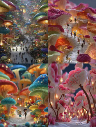 巨大奇幻蘑菇森林，微小人和小精灵玩耍跳舞飞翔追逐，欢乐奇幻村落，高饱和度，多样色彩蘑菇，柔和灯光点缀，3d卡通风格，c4d建模，oc渲染器渲染，广角镜头，动态模糊，柔光，生动表情，奇幻环境，丰富元素。