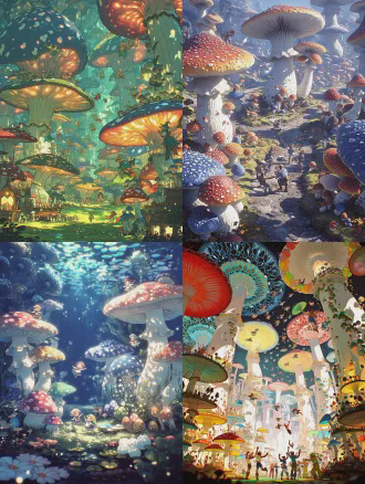 巨大奇幻蘑菇森林，微小人和精灵玩耍，人类与蘑菇小人跳舞，空中飞行，弧线追逐小怪兽，欢乐气氛，高饱和度，色彩奇幻，蘑菇颜色多样，柔和灯光点缀，奇幻村落氛围，3d卡通风格，c4d建模，oc渲染器，广角镜头，顶光，动态模糊，柔焦，生动表情，明亮色调，梦幻情绪