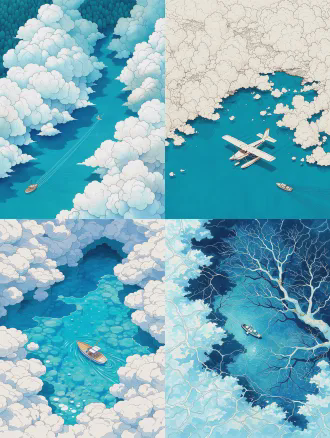 高空俯视角，云层高低错落形态各异，大面积白色与极细线条交织，平面手绘插画风格，笔触明显层次感强，肌理丰富。水天两用飞机飞越平静如镜的水面，横向一舟驶过，静中有动。主次分明，纯净钴蓝色调，极简唯美构图，诧寂空灵氛围。广角镜头，柔光，俯拍，水彩质感，浅景深，线性透视，平静情绪，独特色彩搭配，细腻纹理。