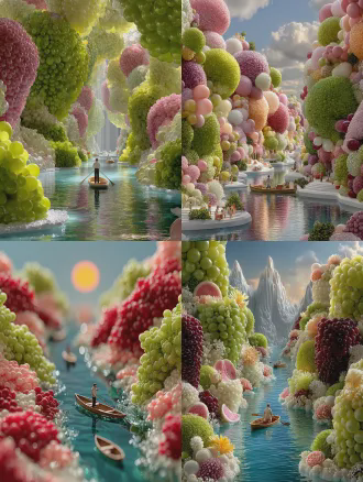 葡萄宣传海报，微观世界，c4d渲染，地面视角构图，河流居中流淌，两岸耸立巨大葡萄模型，完整与切开形态，远景阳光光束，水面微型船只，渔夫撑船背影，微缩立体风格，清新色彩，主调绿色与水蓝，点缀粉色，景深效果，柔和散射光，宁静氛围。