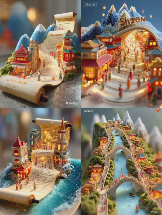 画卷由近及远徐徐展开，画卷曲折一些，湖光山色建筑如生长般浮现，梦幻若以若现的山为背景，画卷铺展在山间。透明绢本上熬着生物灾光，卷轴上呈现立体深圳景象：世界之窗，锦绣中华，欢乐谷，玻璃金字塔，卷首篆刻“深圳”与“china”，远处有深圳地标性建筑。画面间点缀灵动小人似在节庆活动中。浪漫诗意视觉风格，冷暖光交织的梦幻唯美场景，oc渲染，c4d渲染，强烈的光影对比氛围，微缩景观结合移轴视角，以宋代美学为基，透金光，映红彩，细节逼真，光影流动，展现8k精度的史诗画卷。