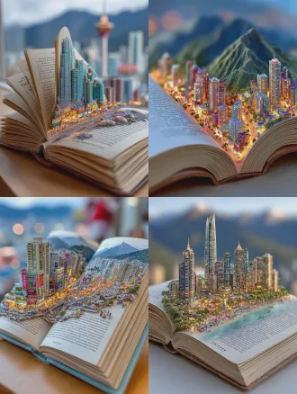 一本打开的书，现深圳立体景观，微缩移轴视角，深圳书城中心城、罗湖书城、南山书城，远处有深圳标志性建筑，光影流动，风格浪漫诗意，3d动漫卡通风格，色彩鲜艳，细节丰富，超细节刻画，超高画质，