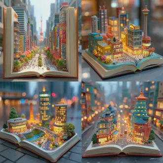 一本打开的书，现深圳立体景观，微缩移轴视角，：深圳书城中心城、罗湖城、南山城门店，远处有深圳标志性建筑，3d动漫卡通风格，色彩鲜艳，细节丰富，超细节刻画，超高画质