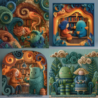 纸艺风格插画，多层剪纸构图，卷纸纹理，色彩丰富的哑光纸材质，柔和的光影效果，手工制作的美学质感，充满趣味与装饰性的设计，细节丰富。书屋中，女孩和小怪兽一起喝茶，开心