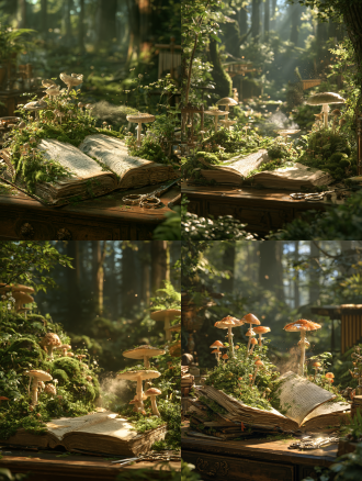 an open ancient book with a living moss and mushroom ecosystem growing from its pages sits on a wooden desk. mushrooms sway gently. moss pulses as if breathing. a spore cloud drifts from one mushroom cap across the handwritten pages. ornate scissors beside the book catch a glint of light. camera arcs slowly from left to right across the scene.background music: enchanted forest soundscape, soft marimba melody over moss-covered ambient pads, wonder and secrecy.