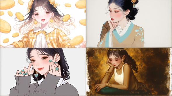 手绘插画女子修长五指轻抚脸颊，凹凸身材穿金丝茉莉唐服，优雅侧脸，细腻线条，柔光渲染，复古色调，丝绸质感，工笔画风，精致首饰，古典背景，温暖光影，静谧氛围，含蓄微笑，柔和阴影，高细节，传统元素，淡雅色彩，端庄姿态