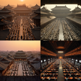 北宋盛世汴京城，巍峨宫殿，繁华街道，人群熙攘，飞檐翘角，大远景俯瞰，暖色调，广角镜头，高对比度，辉煌壮丽。殿试考场，庄严空荡，整齐考桌，柔和光柱，低角度广角，肃穆厚重。章衡特写，青灰长袍，清秀面容，深邃眼神，中景正面，坚毅智慧。考场全景，学子伏案，紧张肃穆，平视构图，细节丰富。金榜揭晓，人山人海，阳光明媚，高机位，粒子特效，金色光芒，荣耀焦点。