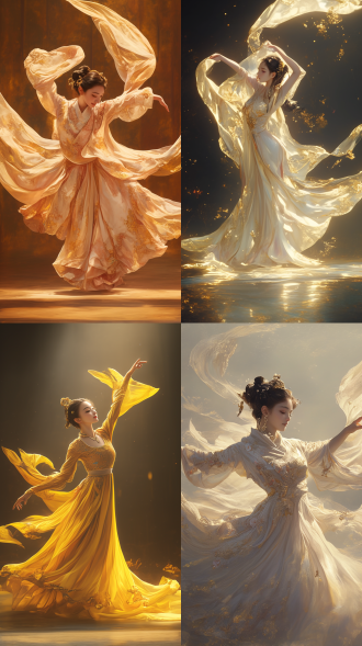 玉娘翩翩起舞，柔美与力量并存，舞台中央，古典服饰飘逸，金色刺绣，优雅笑容，背景朦胧渐变光晕，丝绸轻纱飘动，动态定格，暖色调，长焦镜头，柔光，慢速快门，丝绸质感，流畅线条，陶醉表情，诗意氛围，高动态范围，舞台灯光，古典美学。