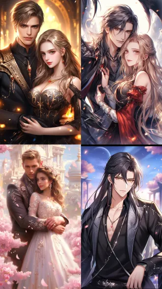 in the ancient palace of the kunlun mountains amidst the cosmic sea of stars, a handsome prince in a dark patterned brocade robe gives a sinister smile, while his money-obsessed wife, dressed in a pink robe and holding a golden abacus, has a sly gaze. cherry blossoms flutter in the setting sun's glow, with a warm gold hue and a soft blur effect, a shallow depth of field with cinematic composition, a dramatic light and shadow romantic atmosphere. a gentle breeze stirs the hair, highlighting the delicate ancient style details, a beautiful style that subtly hides cunning, a wide-angle lens with side backlighting, dynamic blur with a beautiful filter, and high saturation with fine textures.