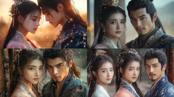 唐宫黄昏，王妃杨玉环身着柔粉色丝绸汉服，衣襟银线刺绣，头戴金凤步摇，面容柔美含情，王爷李琩一袭深色夔龙纹锦袍，剑眉星目，两人于雕花木窗旁，逆光暖金色夕阳，浮尘闪烁，强制亲吻的戏剧性瞬间，特写镜头，体积光雾，全局光照，sss次表面散射肌肤质感，丝绸动态模拟，电影感构图，情感张力，古典美学，超级高清渲染。