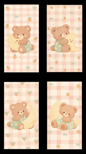 cute fluffy brown teddy bear with round pink blushes, wearing mint green overalls printed with tiny yellow flowers, sitting and holding a soft plush pale yellow crescent moon, background is pale pink and off-white gingham checkered pattern, scattered small orange tangerine motifs, light sage green tiny bow motifs, three small yellow dot ornaments, soft watercolor crayon texture, low saturated pastel color scheme, warm cozy children illustration, fuzzy soft edge, no harsh outlines,style cute