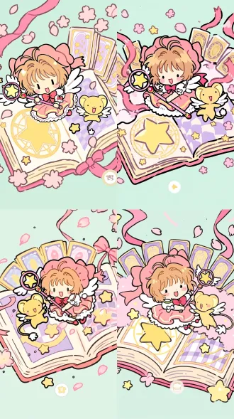 kawaii chibi style cardcaptor sakura and kero, thick smooth cute black hand drawn outline, soft pastel macaron color palette, kinomoto sakura has short brown hair, big pink head bow, pink frilly magic girl dress with small white wings on back, holding star-top magic wand, chubby face with pink cheek blush, happy open smile, little yellow flying kero with small white wings next to her, both float on top of giant open magic spell book, half book page printed with yellow star magic circle, other half page is purple and white checkered pattern, a set of clow cards fanned arranged behind the book, scattered floating pink cherry blossom petals, small yellow star decors, flowing pink ribbons, pale mint green background, cute flat doodle illustration, no complex shadow, warm healing soft vibe style cute