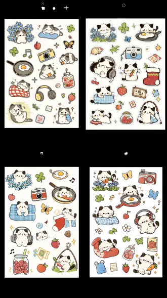 cute sticker sheet set, hand drawn crayon doodle style, multiple adorable chubby tuxedo kitten characters in different playful poses, kitten hiding behind blue daisies, kitten peeking over frying pan with fried egg on top, kitten sleeping holding small carrot on blue checkered pillow, kitten snuggling inside red christmas sock, kitten peeking out of oversize headphone, kitten holding small blue towel on hanger, scattered decorative tiny elements: clover, retro film camera, raspberry jam jar, butterfly, music note, strawberry, candy, little apple, stamp, tiny sparkles, white pure background, soft pastel muted color palette, thick sketch black outline, rough crayon grain texture, cozy childish aesthetic, washi sticker edge effect, hand drawn journal illustration, no extra shadows