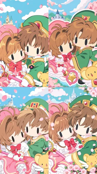 chibi q版 style, cardcaptor sakura, kinomoto sakura and li syaoran snuggling, yellow keroberos at the lower right, minimalist pure black long oval eyes, soft pink round cheek blush, no other facial features, sakura wears pink frilled dress with big red bow and pink hat, holding pink star magic wand, syaoran wears green traditional uniform with golden trim and green hat, spring pink cherry blossom petals floating, distant fairytale castle under bright blue sky with white clouds, soft macaron color palette, flat 2d anime illustration, clamp aesthetic, super cute healing vibe, high detail style cute