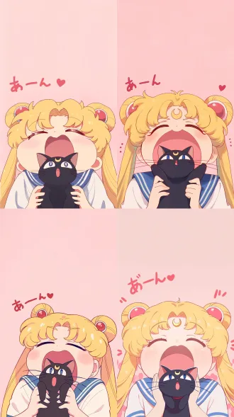 chibi tsukino usagi from sailor moon, 90s retro shoujo anime style, blonde twin buns with red round hair accessories, small golden crescent on forehead, eyes closed, yawning with extremely wide open mouth, sleepy expression, blushing pink cheeks, wearing white school uniform with blue striped sailor collar, holding surprised little black cat luna with golden crescent on forehead, soft solid pastel pink background, hand drawn red hiragana text あーん and tiny red heart at top left, large empty blank space on upper part of the image, pastel soft color palette, 2d flat illustration, vintage 90s anime cel shading, cute cozy vibe, mobile phone wallpaper style expressive