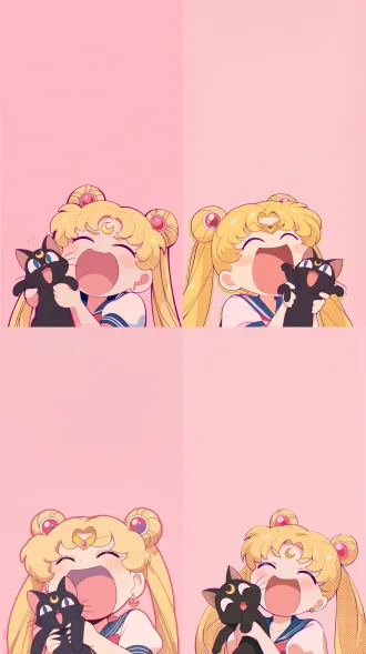 chibi tsukino usagi from sailor moon, holding cute black cat luna, overjoyed, eyes closed, wide open mouth laughing heavily, blushing pink cheeks, blonde hair with double hair buns decorated with red gems, tiny golden crescent mark on forehead, 90s retro classic anime aesthetic, soft halftone dot texture, flat soft pastel color palette, plain solid matte pastel pink background, massive empty blank pink space on top of the frame, all characters placed at the bottom of vertical canvas, clean smooth outline, nostalgic old animation screencap style, vertical mobile wallpaper no clutter, extra objects, text, watermark