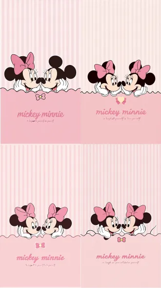 disney classic 2d cartoon illustration, cute mickey mouse and minnie mouse leaning close to each other, holding their cheeks with white gloves and looking at each other, peeking over wavy scalloped dividing line, upper background is light pale pink with subtle thin vertical stripes, lower background is solid soft matte pink, a small pink bow with light yellow center fixed at the middle of the scalloped border, soft cursive handwritten pink text "mickey minnie" printed on the lower pink area, faint small subtitle text "to laugh at yourself is to love yourself" under the main text, full pastel pink color palette, flat vintage cartoon style, clean minimal aesthetic, vertical mobile phone wallpaper, no redundant elements no 3d, realistic, shadow