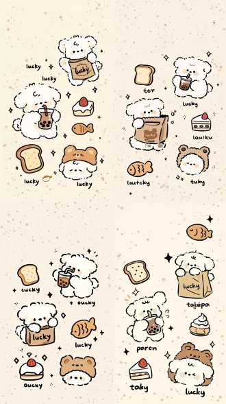 cute hand drawn line doodle, line puppy series, kawaii flat 2d illustration, two fluffy white curly puppies, one puppy is holding and drinking boba milk tea, another puppy is happily popping out of the brown paper bag printed with word "lucky", separate puppy head wearing brown bear hat, scattered little food elements: toast slice, fish shaped taiyaki, small strawberry cream cake, cute handwritten text labels below each element, soft cream beige background with tiny scattered light pink and beige dot texture, small black star sparkles, thick rounded black outline, low saturation pastel color, no complicated shadow, warm cozy healing aesthetic, mobile wallpaper style raw
