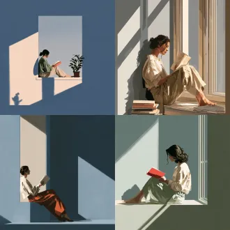 flat illustration, morandi color palette, young woman reading by window, soft shadows, minimal background, editorial style