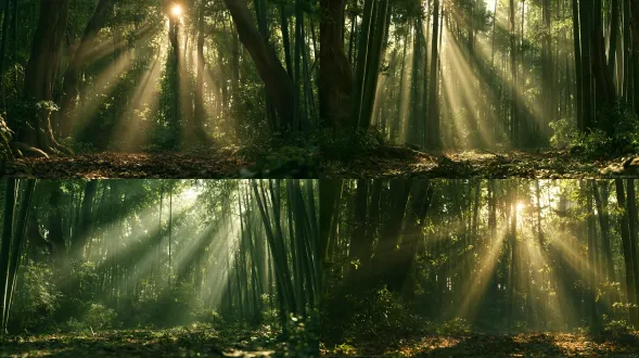 【场景空镜·j6 竹林深处】 text 16:9 wide screen, 8k, live-action cinematic film still, photorealistic, shot on arri alexa 65, kodak vision3 500t film grain. a dense ming dynasty bamboo forest. massive green bamboo stalks, thick fallen leaves, dappled golden afternoon sunlight cutting through the canopy in sharp volumetric beams. a tense, violent atmosphere. no characters, no text, no watermark.