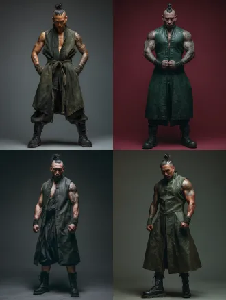 8k, cinematic film still. 180cm tall, extremely powerful athletic physique, visible tattoos on arms. dark green ming dynasty cross-collar sleeveless jacket, muscular arms. high topknot. black leather combat boots. standing in an aggressive stance. no text, no watermark.