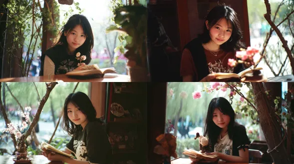 a young chinese girl with soft black hair is reading a book in a cozy cafe, morning light streams through the window, creating a warm and peaceful atmosphere. soft focus, film photography style, warm tones, candid moment.