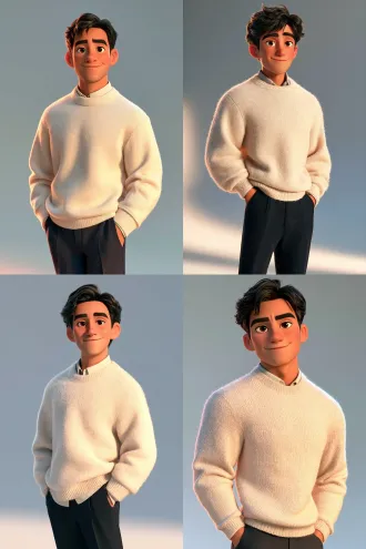 a young adult chinese man in a pixar-style 3d animated feature film, sculpted facial features, defined cheekbones, a well-shaped nose, expressive dark brown eyes, thick natural eyebrows, short neatly styled black hair, a warm confident smile, appealing stylized proportions, subtle skin shading, wearing a simple cream sweater and dark trousers, relaxed standing pose, full body visible from head to shoes, clean light-gray studio background, soft cinematic lighting, detailed fabric textures, polished 3d rendering