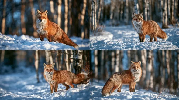 a natural wildlife film still of an adult red fox standing at the edge of a snowy birch grove near a mountain ski area. its dense winter coat is russet red, its tail has a small white tip, and a small healed notch marks its left ear. its body is angled toward the trees while its head turns toward the camera, alert and independent. pale blue winter skylight reveals individual guard hairs and compact paw tracks in the snow. use rule of thirds, with the fox on the lower right and the birch grove extending behind it. the scene palette is approximately 60% pale snow, 30% blue-grey woodland shadow and 10% russet fur. photographic wildlife realism and restrained cinematic texture. ```