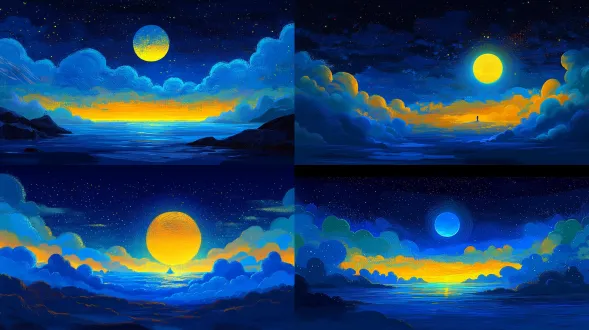 静谧夜空巨大圆月，深色斑斓五彩云层，层次感丰富，黄金比例构图，艺术感强烈，梵高星空风格，简约高级，唯美画面，点状扁平风格，漫画书质感，超扁平设计，冷色调为主，月光柔和，星点闪烁，抽象几何元素，梦幻氛围，朦胧光晕，低多边形，极简线条，平静深邃。